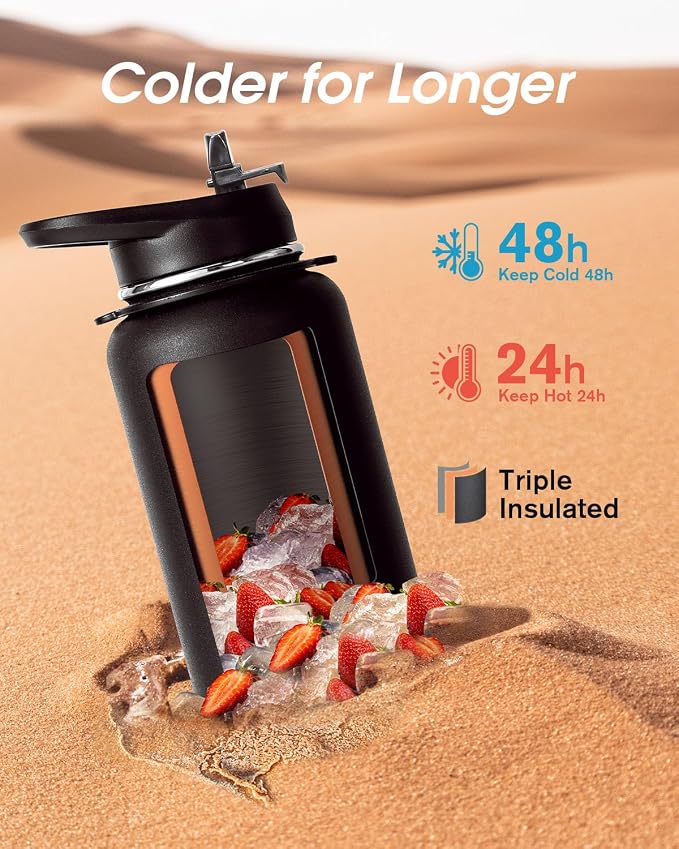 Coolflask 40 oz Water Bottle Insulated Stainless Steel with Strap | Metal Water Flask with Straw & Spout Lids, Triple-Wall, Cold 48+h, Dishwasher Safe, Leakproof, BPA-Free, for Gym & Hiking