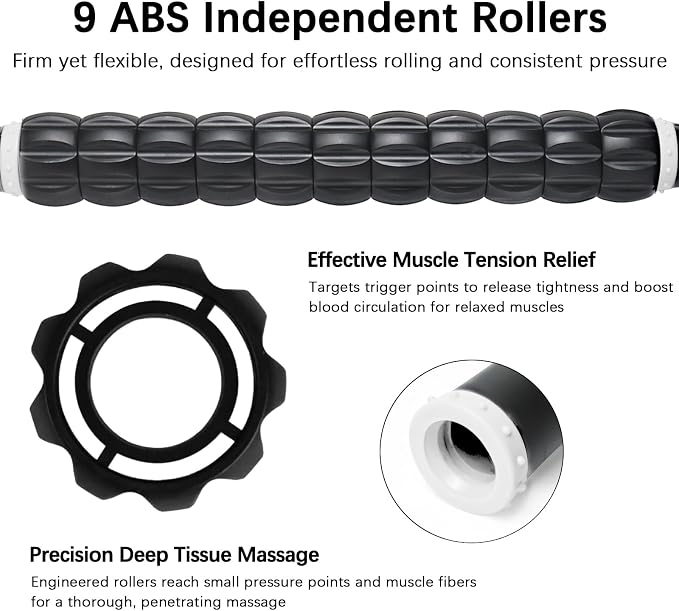Muscle Roller Massage Roller Stick- Deep Tissue Fascia Blaster for Myofascial Pain Relief, Lymphatic Drainage & Body Sculpting, Handheld Physical Therapy & Recovery Tool (White Black)