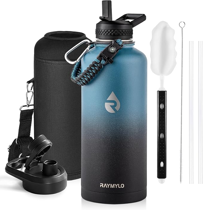 RAYMYLO Insulated Water Bottle 87 oz, Triple Wall Vacuum Stainless Steel (Cold for 48 Hrs), Leak Proof & Non-BPA, Modern Water Flask Jug with Paracord Handle & Straw Spout Lids, Indigo/Black | Cold for 48 Hrs), Leak Proof & Non-BPA, Modern Water Flask ...