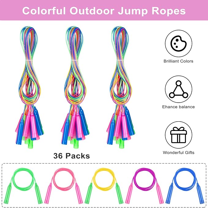 Elcoho 48 Packs Kids Jump Rope Set 7.3 Feet Adjustable Skipping Rope Colorful Kids Outdoor Jump Ropes for Kids Party Favors Outdoor Activity Birthday Reward Gift