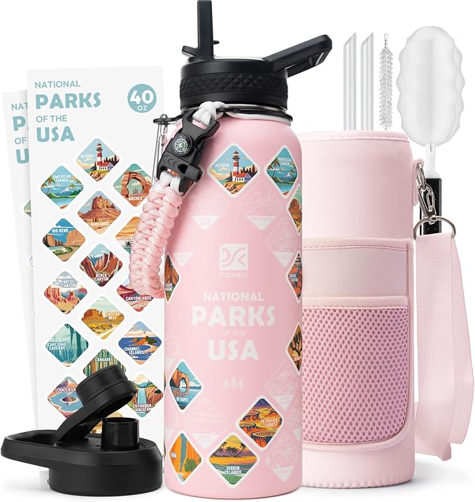 DYSANKY National Parks Water Bottle – 40 oz Insulated Stainless Steel Bottle with 63 Hand-Drawn Park Stickers, Carrier Bag, Strap & Gift Box – BPA-Free – Ideal for Hiking, Camping & Travel