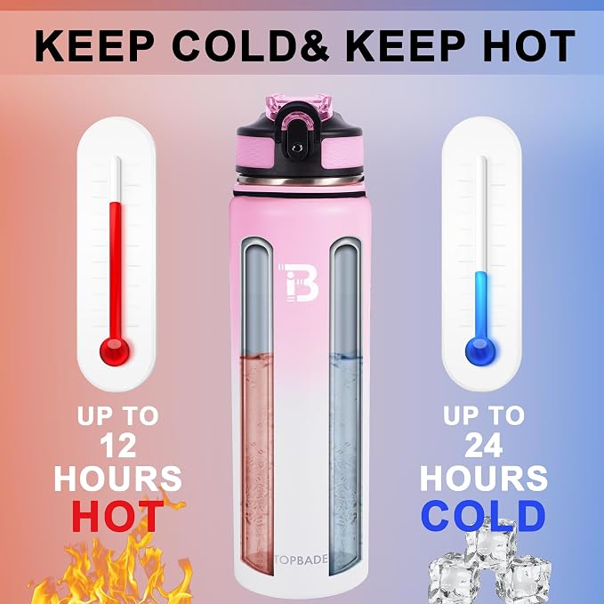 TOPBADE 32oz Insulated Water Bottle with Straw Lid & Spout Lid & Paracord Handle, Stainless Steel Water Bottle Wide Mouth, Double Wall for Women Men Gym Fitness Outdoor
