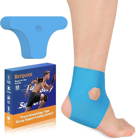 KTQUICK Precut Kinesiology Tape for Ankle,24 PCS,20% Stronger Adhesive,Blue | Precut Ankle Support Tape with Premium Cotton, Breathable, Waterproof Athletic Tape for Running, Training & Hiking