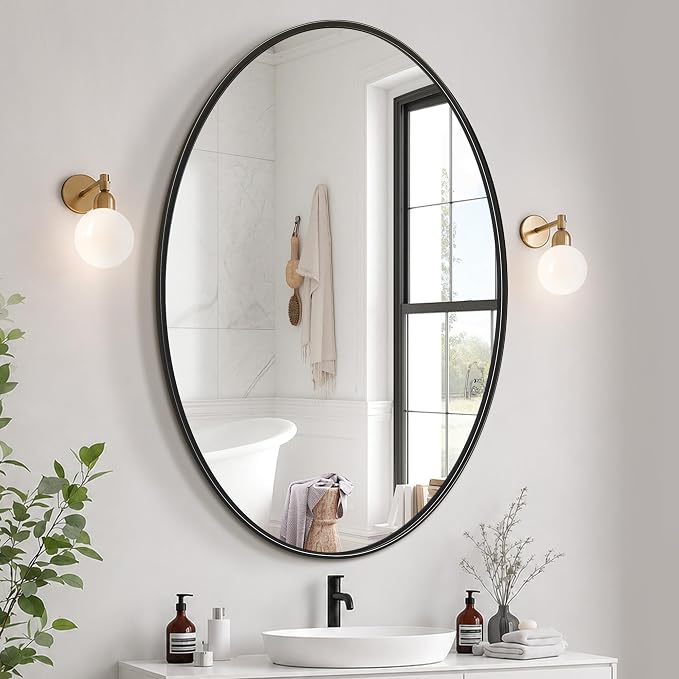Oval Bathroom Vanity Mirror for Wall, 38''x26'' Black Oval Bathroom Mirror for Over Sink, Bedroom, Living Room, Entryway, HD Tempered Glass, Wall Mounted Horizontally or Vertically