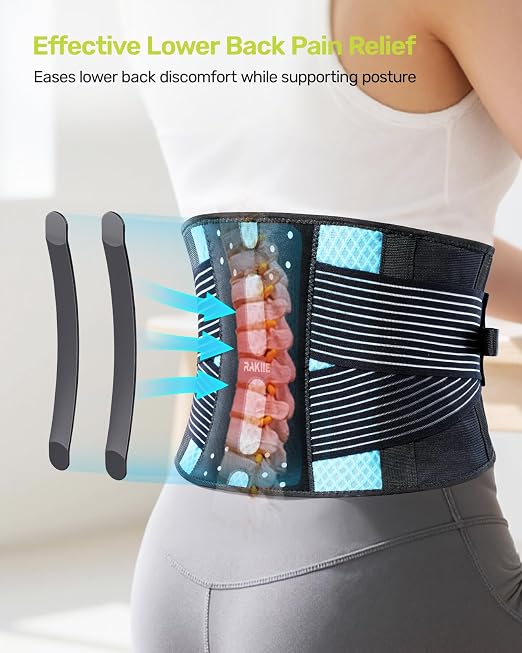 Rakiie Slim Back Brace for Lower Back Pain Relief, Lightweight & Breathable Back Support Brace for Men Women, Ergonomic Light Lumbar Support for Everyday Wear, Sky Blue L