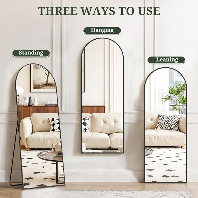 Mirror Full Length 58"x19", Arched Full Body Floor Mirrors with Stand | Shatterproof Glass, Aluminum Alloy Frame, Free Standing, Wall Mounted or Leaning for Bedroom Living Room Entryway