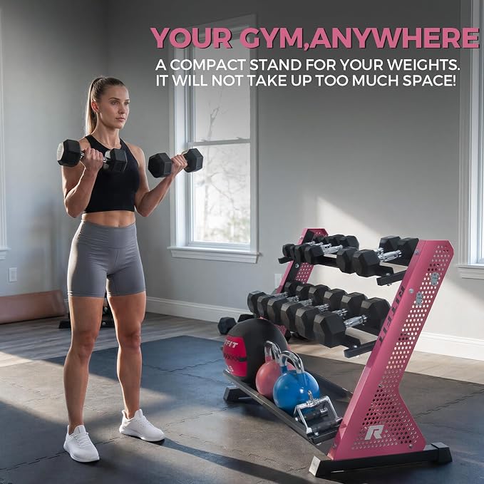 RitFit Rubber Hex Dumbbell Weight Set with 3-Tier Dumbbell Rack | Anti-Slip Knurled Chrome Handle,Cast Iron,Hexagon Anti-Roll Design,1000LB Capacity Heavy Duty Steel Rack for Home Gym