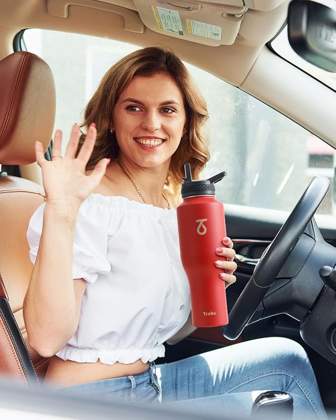 Trebo 40 oz Water Bottle Insulated Fit in Any Car Cup Holder with 2 Lids | Stainless Steel T-shape Tumbler with Paracord Handle, Triple Wall Vacuum Copper Plated, Cold 48 Hrs for Travel, Wide Mouth