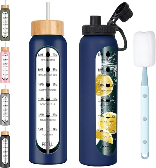 32oz Glass Water Bottle with Time Marker, 2 Lids-Handle Spout Lid & Bamboo Straw Lid, 1 Liter Motivational Borosilicate Water Bottle for Gym, Office, Travel (Blue)