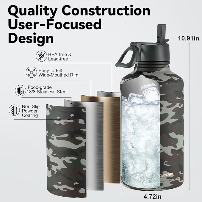KXIAOCHEN Insulated Water Bottle with Strap, 48-Hour Cold, 2 Lids | Triple-wall insulation, lead-free 18/8 Stainless steel, paracord handle, carabiner clip, for gym, hiking, camping and travel