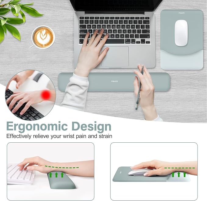 MOSISO Wrist Rest Support Mouse Pad & Keyboard Set, Powder Blue | Rectangular Ergonomic Mousepad, Non-Slip Base, Home/Office Pain Relief & Easy Typing, Neoprene Cloth & Raised Silicone Lining