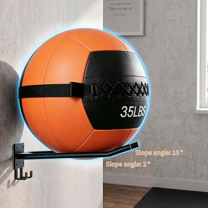 2 Packs Medicine Ball Rack Wall Mount Exercise Ball Holder with Hook | Med Ball Holder, Heavy Duty, Holds Up to 44 lbs, Fits Balls 7.5" + Diameter, Space Saving, Home Gym/Garage Gym Organizer