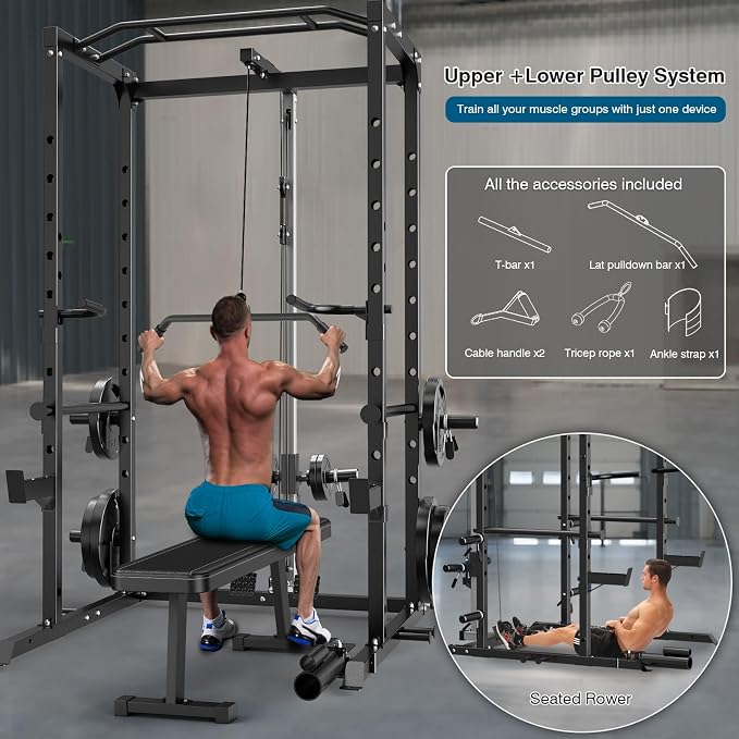 ULTRA FUEGO Power Cage, Multi-Functional Power Rack with J-Hooks, Dip Handles, Landmine Attachment and Optional Cable Pulley System for Home Gym