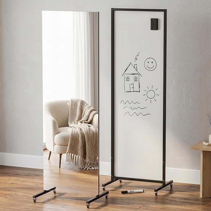 brisafe 60"x20" Rolling Full Length Mirror & Magnetic Whiteboard, 2-in-1 Reversible Standing Mirror with Shatterproof Tempered Glass, Space-Saving Dry Erase Board on Wheels for Home Office & Bedroom