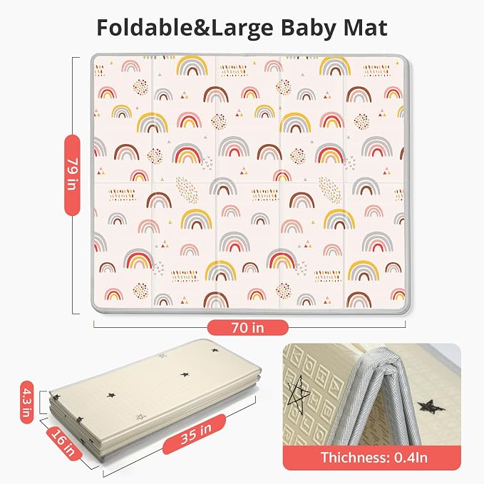 Baby Play Mat, 79"X71" Extra Large, Reversible Star & Rainbow | Non-Toxic Tummy Time,Baby Play Mats for Floor,Waterproof,Baby Crawling Mat,Soft Foam Mat for Babies and Toddlers