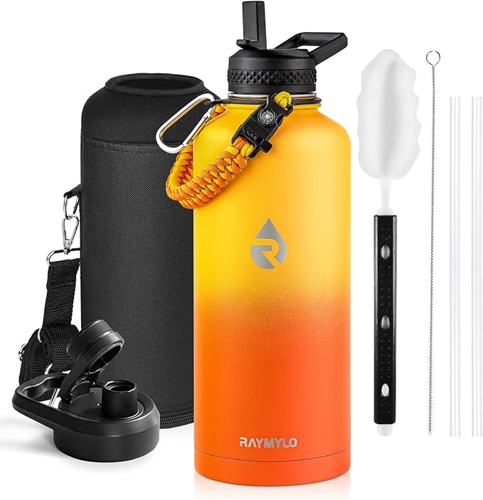 RAYMYLO Insulated Water Bottle 87 oz, Triple Wall Vacuum Stainless Steel | Cold for 48 Hrs), Leak Proof & Non-BPA, Modern Water Flask Jug with Paracord Handle & Straw Spout Lids, Ombre Orange