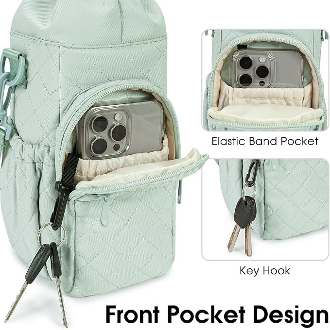 sportsnew 40oz Insulated Crossbody Water Bottle Bag Gym Hiking Phone Pocket | Water-resistant Lining, Padded Strap, Top Handle, Drawstring, Phone Pocket, Elastic Slots, Built-In Key Clip for Gym Walking