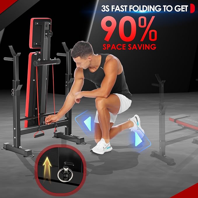 OPPSDECOR 900LBS Weight Bench Set Adjustable Workout Bench for Home Gym | Bench Press, Incline Press, Squat Rack, Leg Developer, Preacher Curl Pad, Fits 6-7ft Barbells, 2-Second Fold, 38-in Rear Rack