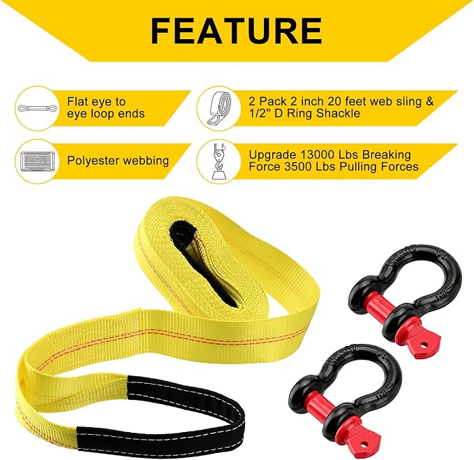 Pindex 2 Pack 2" x 20' Upgrade Web Lifting Sling & 1/2" D Ring Shackle 13000 Lbs Breaking Force 3500 Lbs Pulling Forces Lift Sling Straps for Rocks Trees Mowers Tool in Trailer Tractor Truck,Yellow