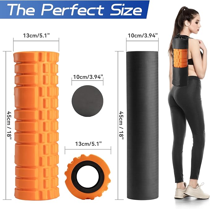 Krightlink 2-in-1 18" Foam Roller Set for Deep Muscle Massage | Foam Roller Back Roller for Fitness Relieves Muscle Pain Myofascial Trigger Point Release Pilates, Yoga (18" Orange)