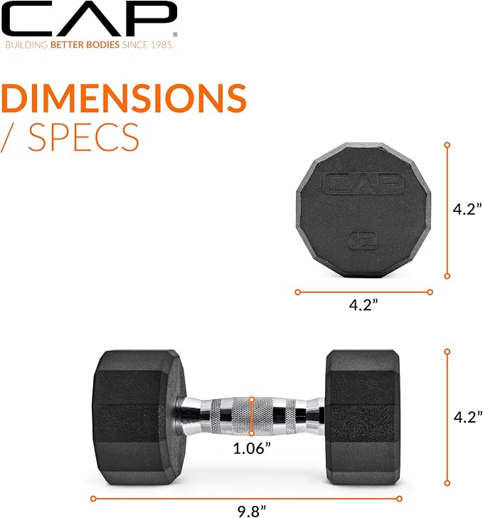 CAP Rubber Coated Dumbbell Weights, Free Weights for Home Gym Strength Training, Anti-Roll Hex Dumbbells with Black, Chrome & Comfort Grip Handles, Pairs & Sets