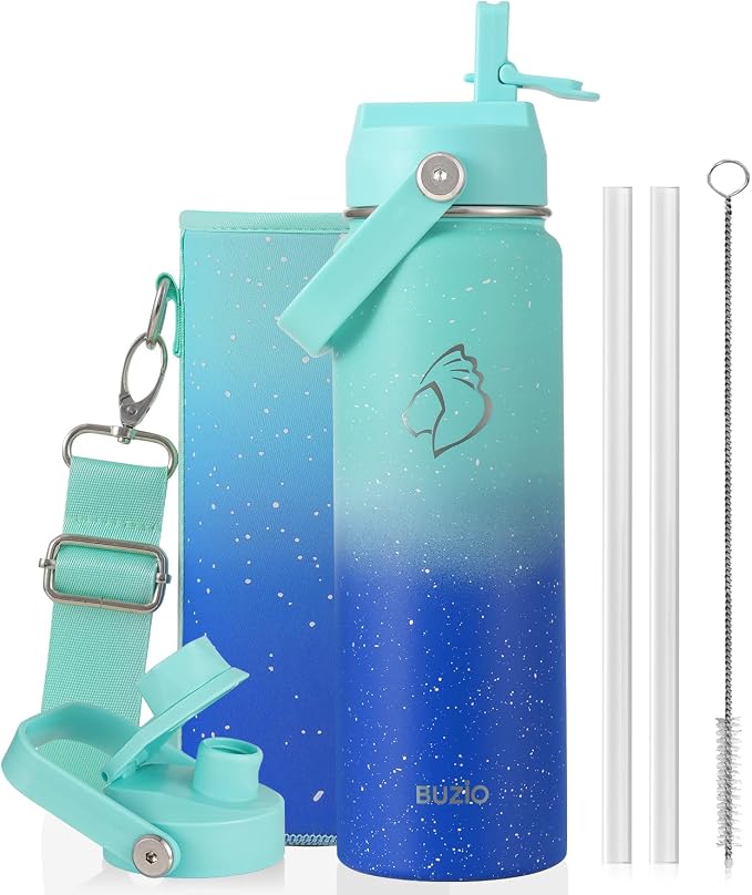 BUZIO 24 oz Insulated Water Bottle, Stainless Steel Wide Mouth Water Flask with Straw Lid, Cold for 48 Hrs Leak Proof Metal Hydro Thermo Canteen Mug, Starry Gradient Blue