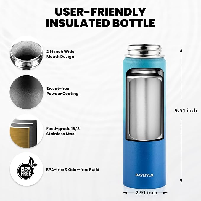 RAYMYLO Insulated Water Bottle 20 oz, Triple Wall Vacuum Stainless Steel | (Cold for 24Hrs, Hot for 12Hrs), Leak Proof & Non-BPA, Modern Water Bottle Jug for School with Straw Spout Lids