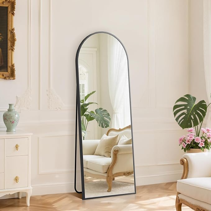 DUMOS 59"x16" Arched Full Length Mirror with Stand, Floor Standing Aluminum Frame, Shatter-Proof Nano Glass for Bedroom, Living Room, Cloakroom – Modern Simple Home Decor,Hanging or Leaning,Black