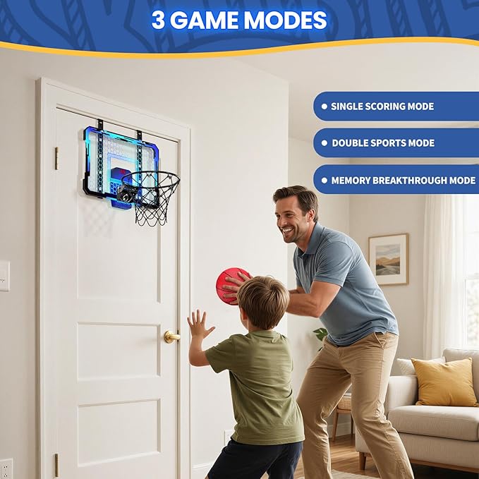 QDRAGON Mini Basketball Hoop with Scoreboard & 7 LED Lighting | Over The Door Indoor, with 3 Balls/Inflator/Breakaway Rim, Basketball Toy Gifts for Kids Adults, Suit for Bedroom/Office