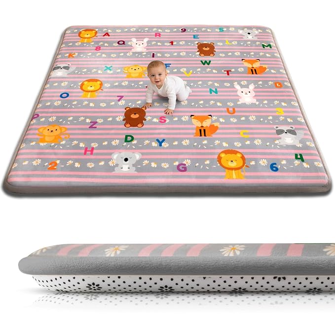 Baby Play Mat for Floor, 71'' x 59'' Thicken Foam Soft Padded Playmat for Tummy Time, Playpen Mat for Toddlers Infant Kids, Water-Repellent Coral Velvet, Non-Slip Bottom Safe for Crawling (Lion)