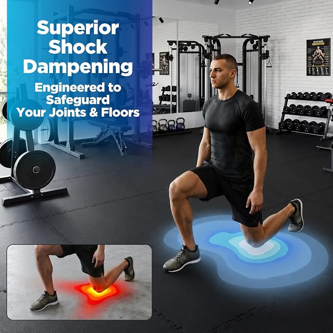 1'' Thick 24 Sq Ft Protective Gym Flooring for Home Gym, 6 Tiles Extra-Thick Rubber Top with High Density EVA Foam, Interlocking Exercise Equipment Mats, Heavy Weight Workout, Black