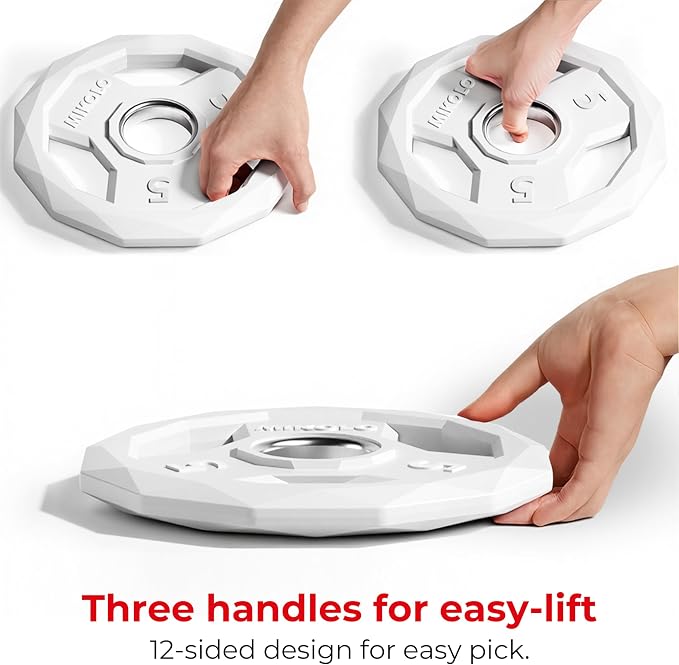 Mikolo Olympic Weights Set 2-Inch Rubber Coated Plates, 12-Sided Non-Roll Weight Plates Grip with 3 Handles for Home Gym, Strength Training, Single, Pair and Sets(5/10/15/25/35/45 LB)