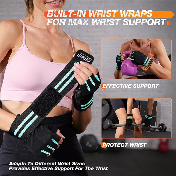 SIMARI Workout Gym Gloves for Men Women, Weight Lifting Gloves with Wrist Wrap Support, SBR Pad Grip for Full Palm Protection, for Exercise, Fitness, Dumbbells, Barbell, Climbing, Fingerless