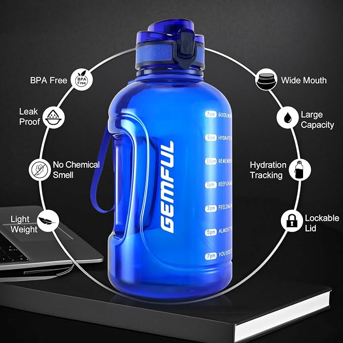 GEMFUL 2L Water Bottle with Handle 64oz Large Jug Leak-Proof (Royal Blue) | BPA-Free, 64oz Capacity, Time Marker, Chug Lid, for Gym, Fitness, Hiking, Sport, Camping, Office, Home, Wide Mouth
