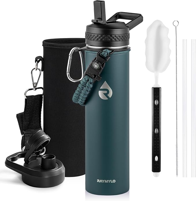 RAYMYLO Insulated Water Bottle 24 oz, Triple Wall Vacuum Stainless Steel | (Cold for 24Hrs, Hot for 12Hrs), Leak Proof & Non-BPA, Modern Water Flask Jug with Paracord Handle & Straw Spout Lids