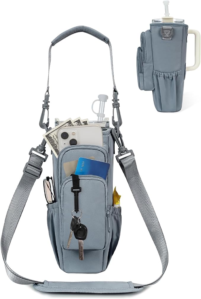 sportsnew 30/40oz Crossbody Water Bottle Holder Anti-Tip Tumbler Carrier | Lightweight Bottle Sling Fits Handled Tumbler w/ Phone Pocket, Adjustable Strap, Insulated Lining, Hands-free for Hiking Gym
