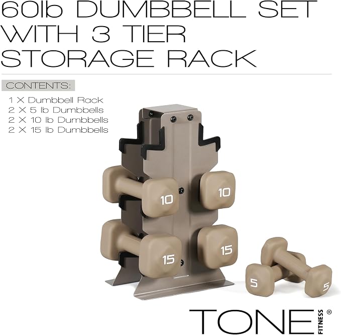 Tone Fitness Neoprene Dumbbell Set with Storage Rack – Non-Slip, Anti-Roll Hand Weights for Home Gym Workouts | 20 lb, 32 lb, 50 lb, 60 lb & 100 lb Options