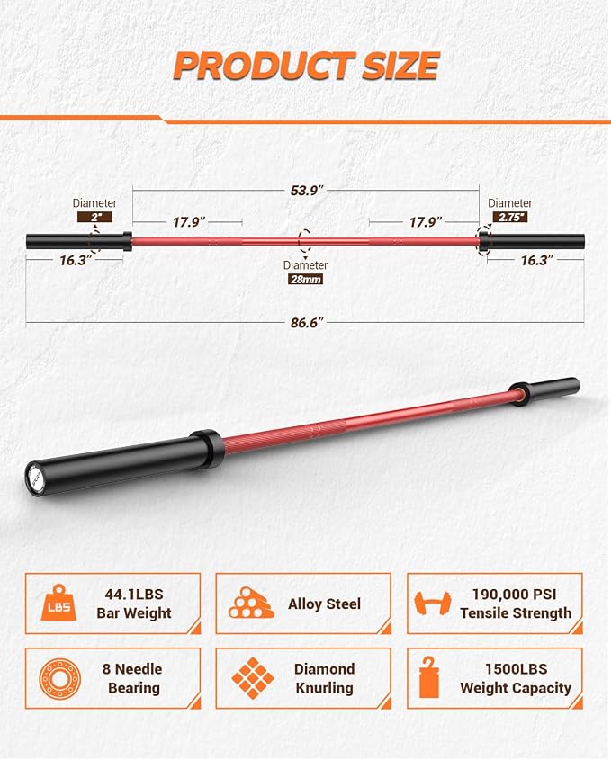 7ft Olympic Barbell for Home Gym, 45lb 2" Weight Bar for Deadlift Weightlifting, Bar, 1000 Lb High-Capacity, Hard Chrome, Knurled Grip, Strength Training Bench Press Squat Presses, Rows, Curl