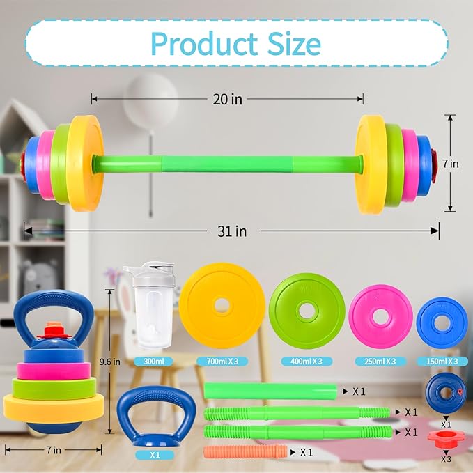 Kids Weight Set – Adjustable Barbell & Kettlebell with Water Bottle | BPA-Free Plastic, Safe for Ages 3-8, Water-Fillable for Adjustable Weight, Boosts Coordination & Confidence