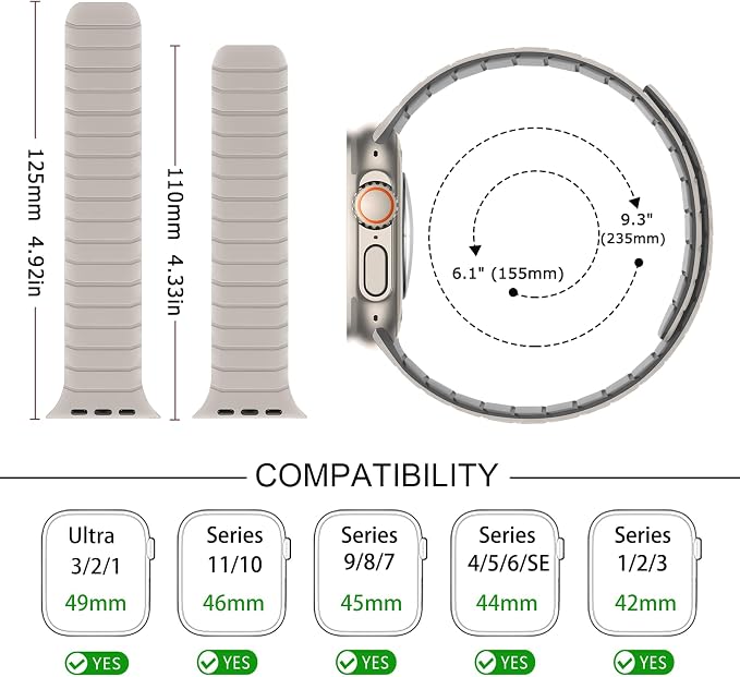 Tasikar Magnetic Bands Compatible with Apple Watch 49mm 46mm 45mm 44mm 42mm Soft Silicone Replacement Loop Wristband for iWatch Ultra 3 2 1 SE Series 11 10 9 8 7 6 5 4 3, Starlight-Grey