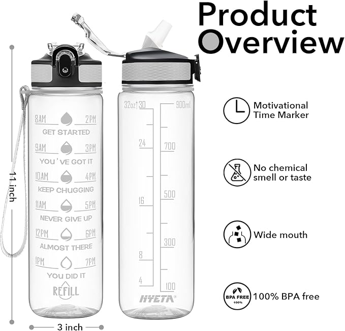 Hyeta Water Bottle with Straw & Time Marker, Plastic 32oz Leakproof | Motivational Tritan BPA Free Gym Office Outdoor Intake Tracker Hourly Reminder Straw Lid Carry Strap