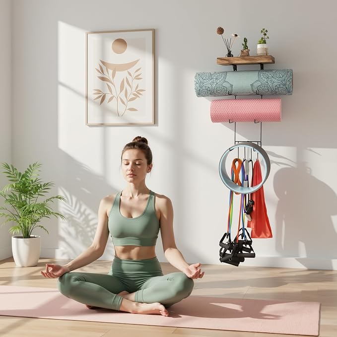 VINAEMO Yoga Mat Holder Accessories Wall Mount Organizer Storage Decor Foam Roller and Towel Storage Rack with 4 Hooks and Wooden Shelves Yoga Mats Rack Resistance Bands for Home Gym School Office
