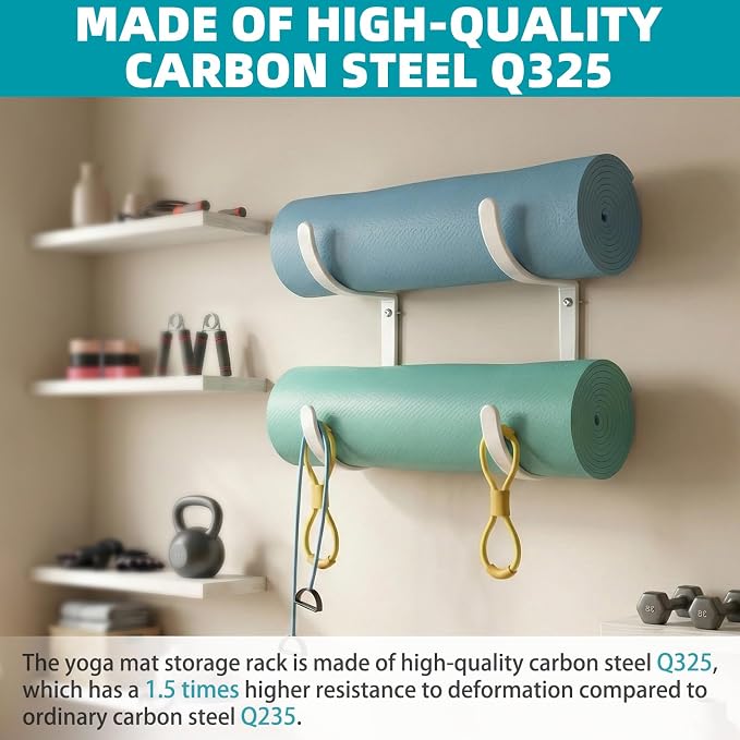 Yoga Mat Holder Wall Mount，No-Tie Mat Storage Rack With Rubber Coating | for Exercise Mat，Pilates Mat，Hanging Foam Roller and Home Gym Equipment Accessories