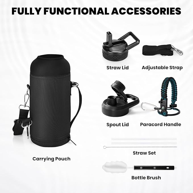 RAYMYLO Insulated Water Bottle 32 oz, Triple Wall Vacuum Stainless Steel | (Cold for 24Hrs, Hot for 12Hrs), Leak Proof & Non-BPA, Modern Water Flask Jug with Paracord Handle & Straw Spout Lids