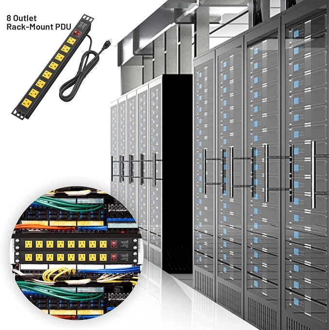 BTU Power Strip Surge Protector Rack-Mount PDU, 8 Right Angle Outlets Wide-Spaced, Mountable Power Strip Heavy Duty for Server Racks, Commercial, 300J (Yellow 6FT)