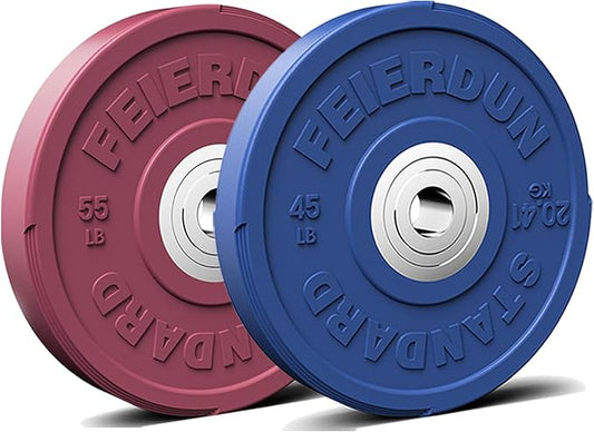 FEIERDUN Color Bumper Plate Set, 2-Inch Olympic Weight Plates, Low Bounce Rubber Barbell Plates with Stainless Steel Insert for Weightlifting, Strength Training, CrossFit & Home Gym, 10LB-370LB