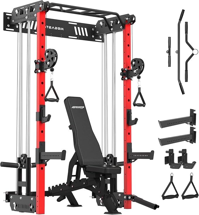 Power Cage, Squat Rack Home Gym, 2000LBs Capacity Wall Mounted Power Rack with Dual Crossover System, Includes 16 attachments for Home Gym