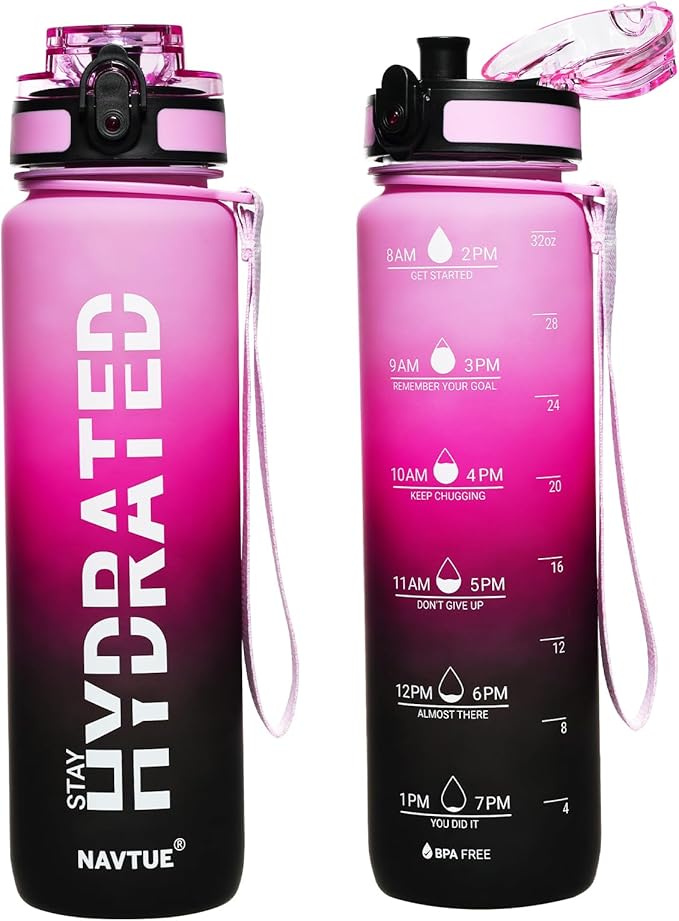Water Bottle 32 oz Motivational Time Marker Tritan Bottle | BPA-free Tritan water bottle with time marker leakproof Lightweight portable Easy Clean Brush for Gym, Travel, School, Office