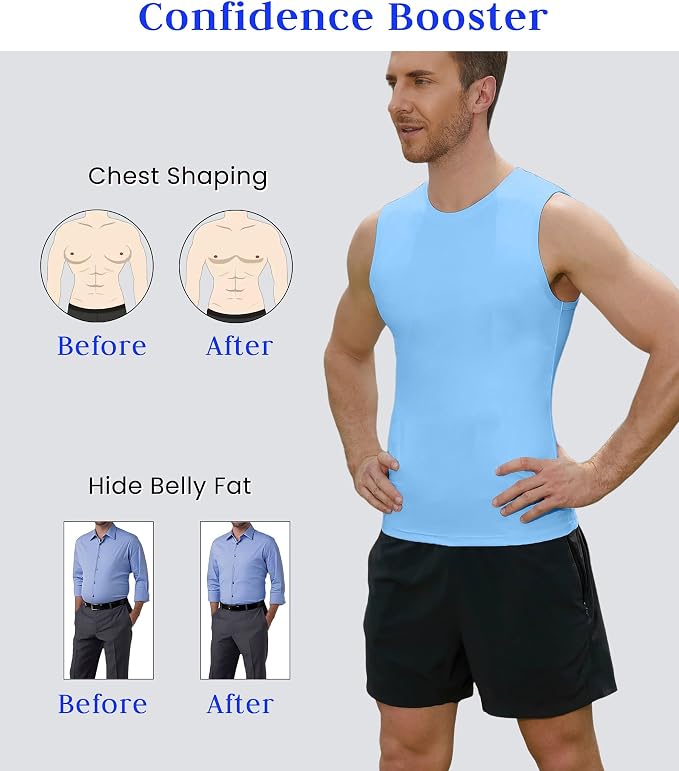 Compression Shirt Men Slimming Body Shaper Vest Crewneck Workout Tank Top | Tummy Control Undershirts, Gynecomastia Compression Shirts, Back Support, Sleeveless Muscle Shirts, Shaping Tank Top