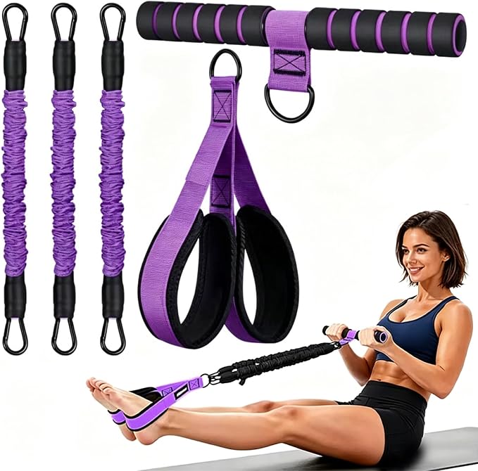 3-Tube Adjustable Pedal Resistance Band (30-90LBS) Home Workout | Elastic Bands with Soft Non-Slip Pedals, Targets Abdomen, Waist, Arm & Leg. Portable Home Fitness Gear